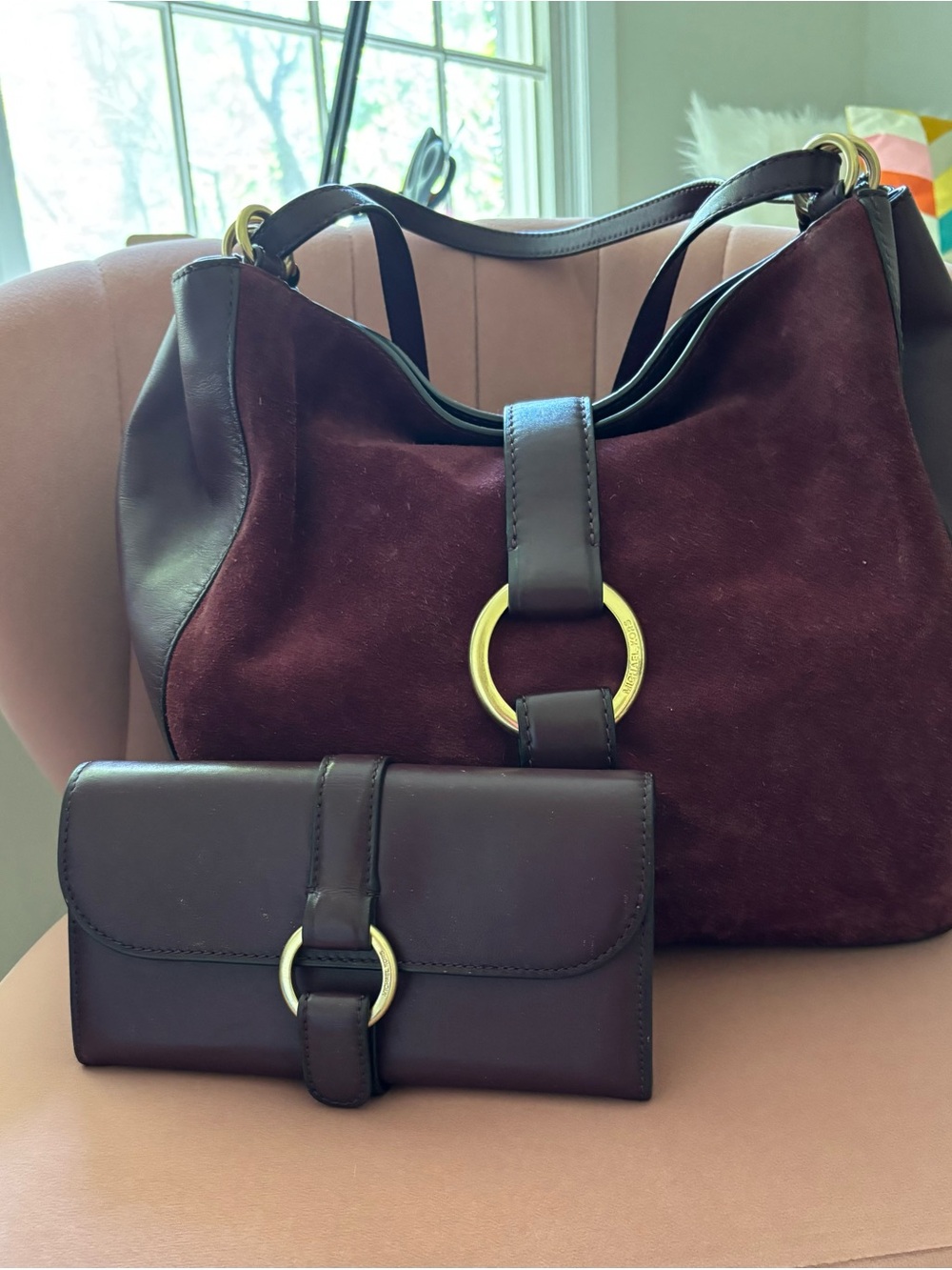 Authentic Michael Kors Burgundy Suede & Leather Hobo Bag with Matching Wallet